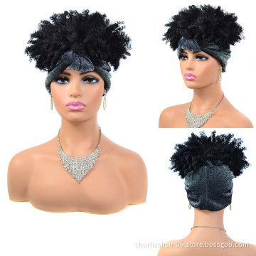Wholesale Easy Attached Afro Kinky Curly Wrap Turban Headband Wig For Black Women Ombre Cheap Short Synthetic Hair Headband Wigs
